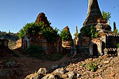 Inle Lake Myanmar. Indein, a cluster of ancient stupas  ruined and overgrown with bushes, just behind the village. 